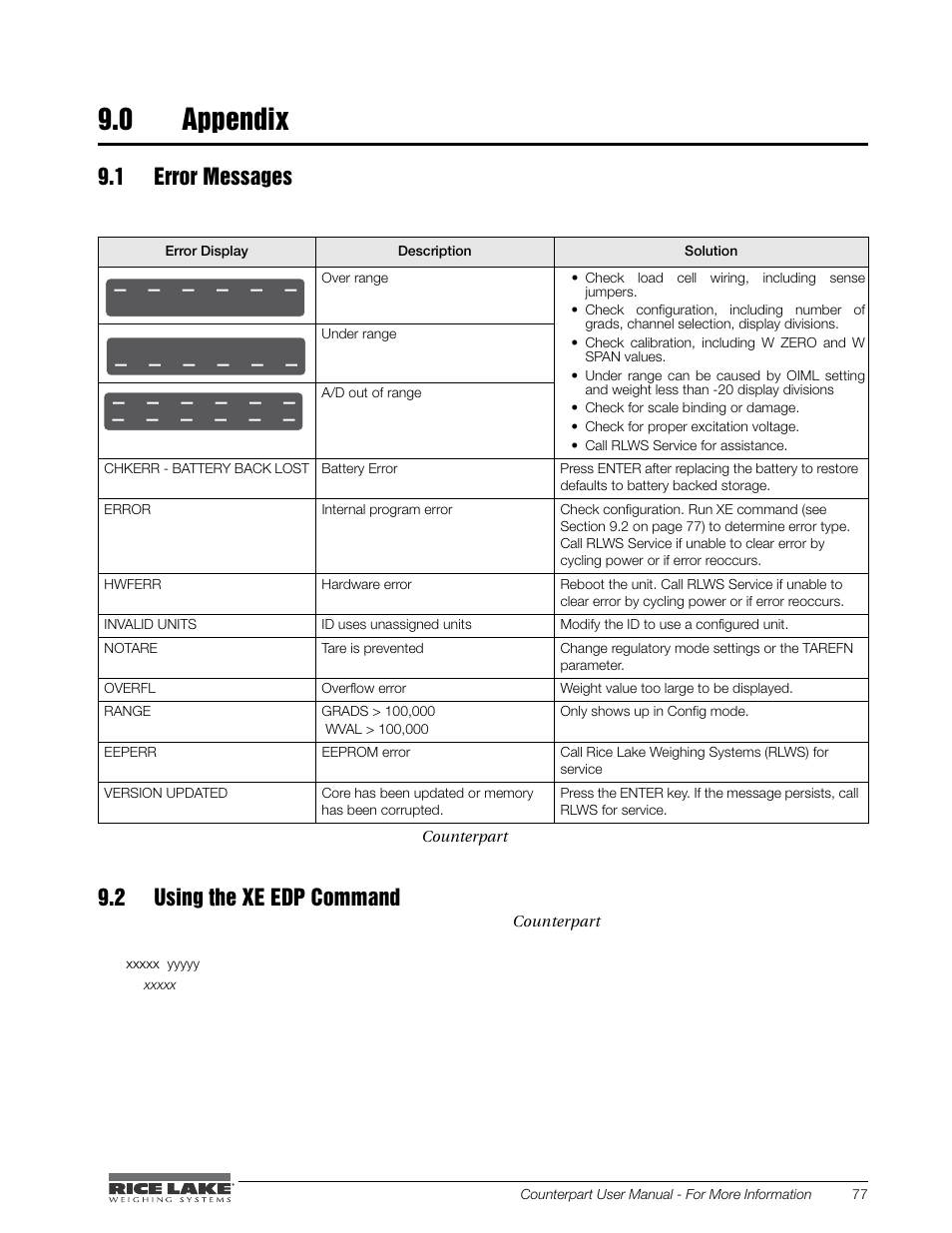 Appendix, 1 error messages 9.2 using the xe edp command, 0 appendix | 1 error messages, 2 using the xe edp command | Rice Lake Counterpart Configurable Counting Indicator - User Manual - Version 2.0 User Manual | Page 83 / 98