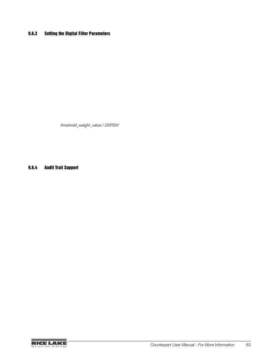 Setting the digital filter parameters, Audit trail support | Rice Lake Counterpart Configurable Counting Indicator - User Manual - Version 2.0 User Manual | Page 89 / 98