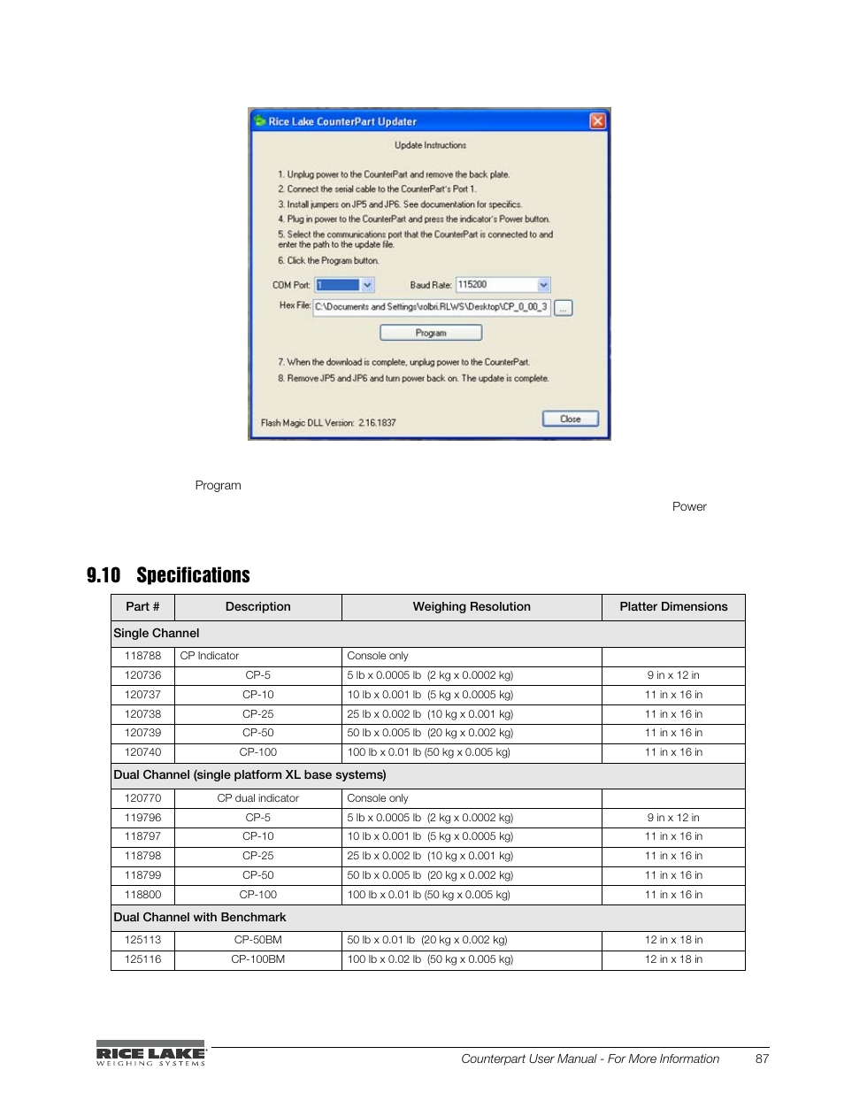 10 specifications, Click the, Button to power up the indicator | Rice Lake Counterpart Configurable Counting Indicator - User Manual - Version 2.0 User Manual | Page 93 / 98