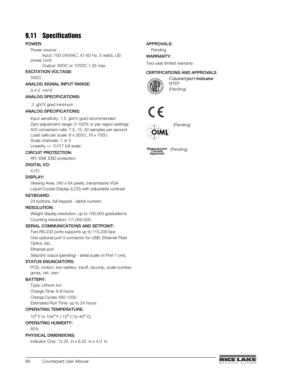 11 specifications, Counterpart | Rice Lake Counterpart Configurable Counting Indicator - User Manual - Version 2.0 User Manual | Page 94 / 98