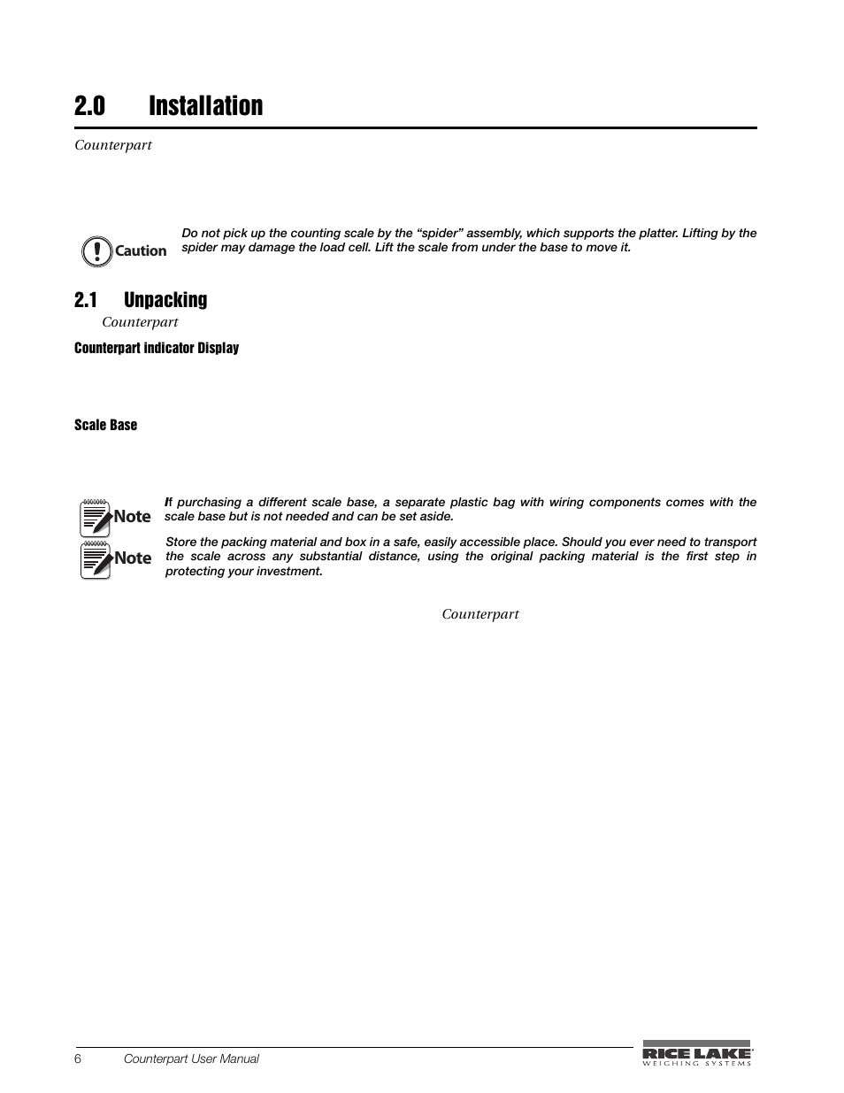 0 installation, 1 unpacking, Installation | Rice Lake Counterpart Configurable Counting Indicator - User Manual - Version 2.1 User Manual | Page 12 / 101