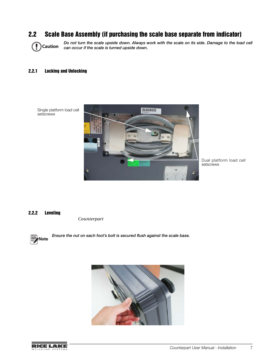 1 locking and unlocking, 2 leveling, Locking and unlocking | Leveling | Rice Lake Counterpart Configurable Counting Indicator - User Manual - Version 2.1 User Manual | Page 13 / 101