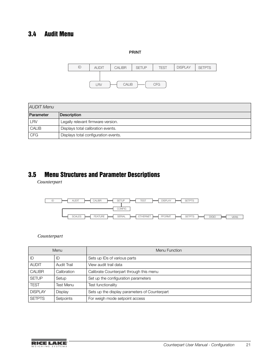 4 audit menu, 5 menu structures and parameter descriptions | Rice Lake Counterpart Configurable Counting Indicator - User Manual - Version 2.1 User Manual | Page 27 / 101