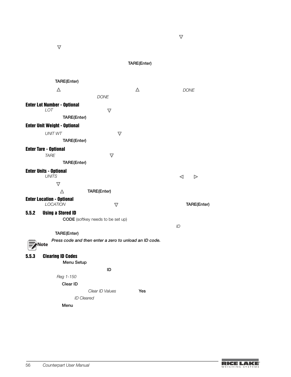 2 using a stored id, 3 clearing id codes, Using a stored id | Clearing id codes | Rice Lake Counterpart Configurable Counting Indicator - User Manual - Version 2.1 User Manual | Page 62 / 101