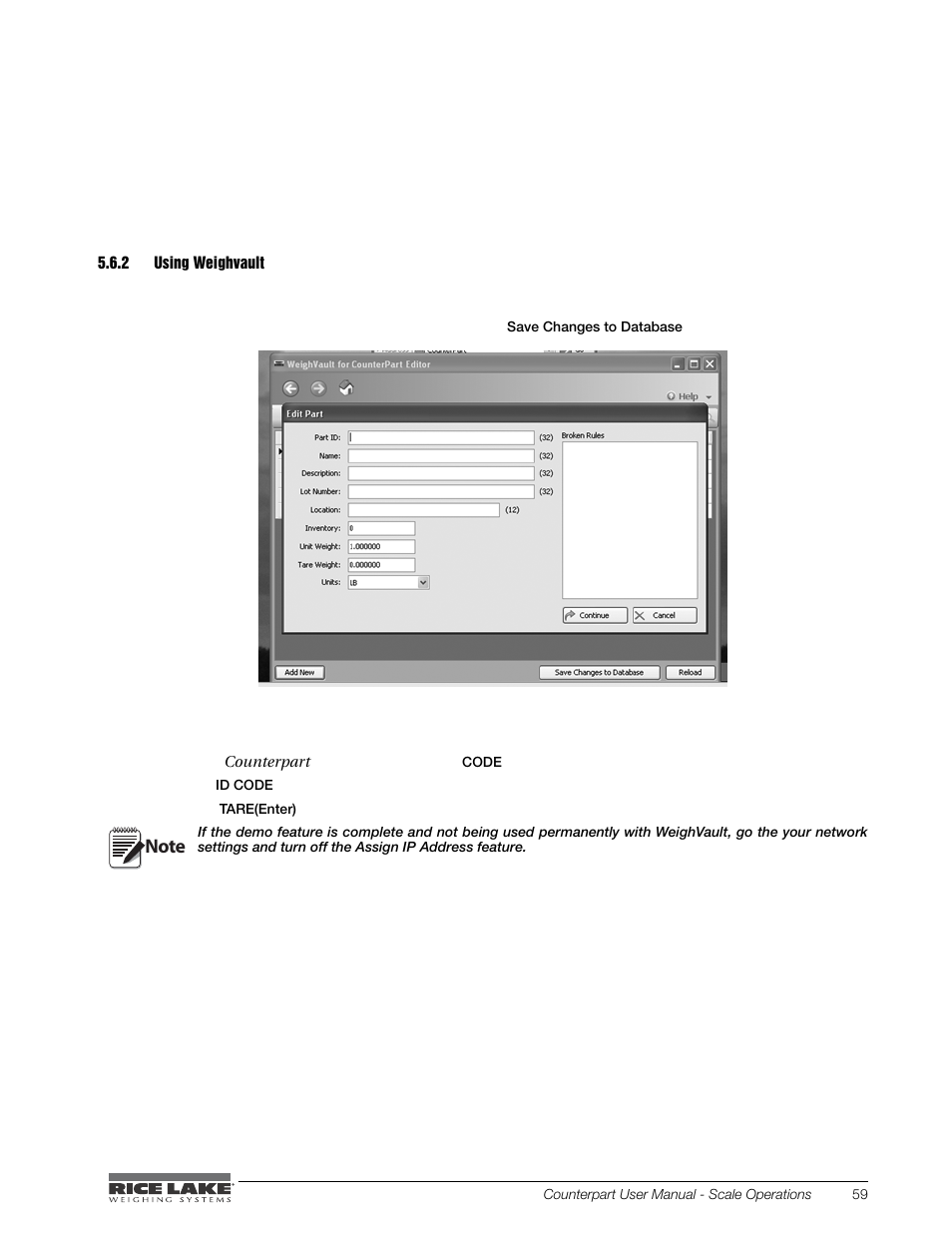2 using weighvault, Using weighvault | Rice Lake Counterpart Configurable Counting Indicator - User Manual - Version 2.1 User Manual | Page 65 / 101