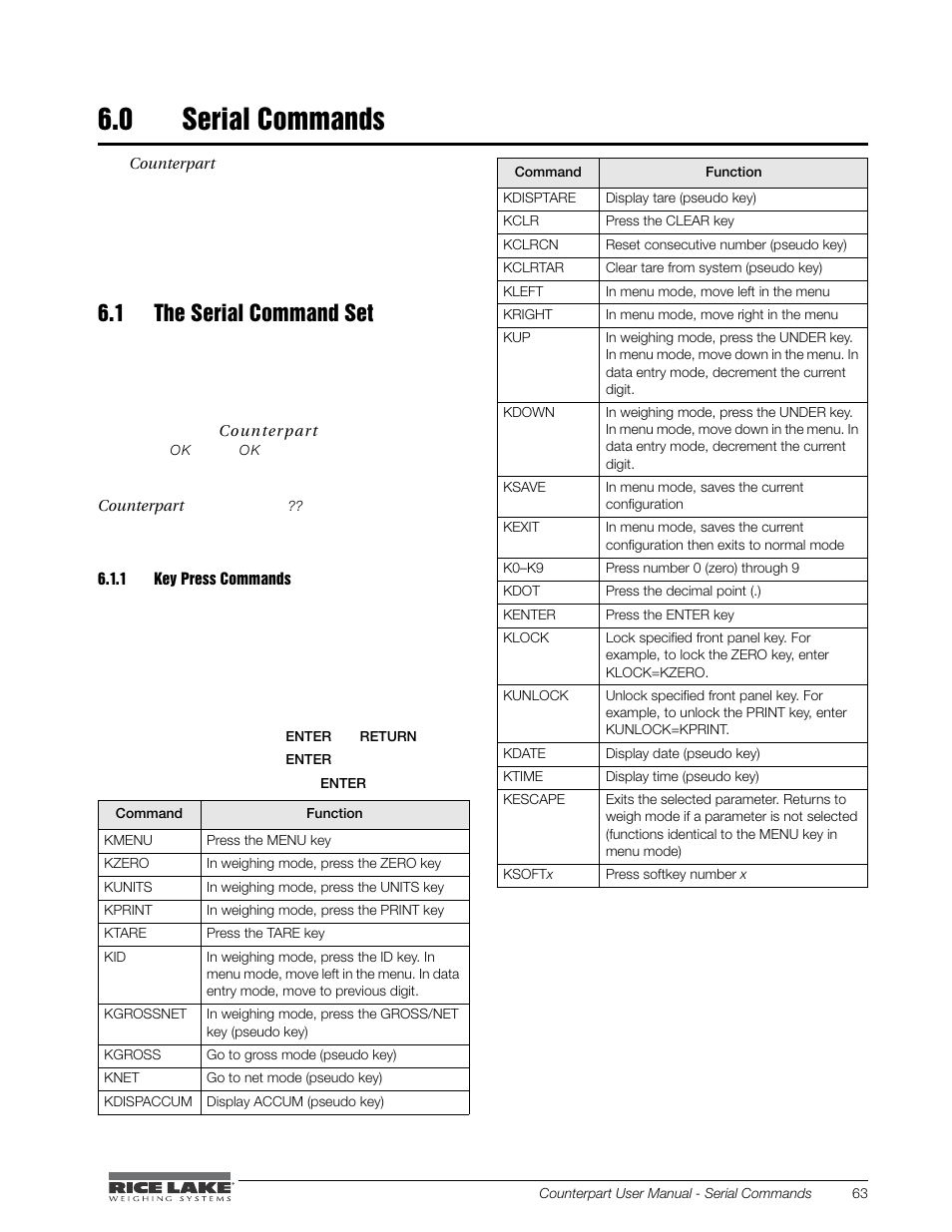 0 serial commands, 1 the serial command set, 1 key press commands | Serial commands, Key press commands | Rice Lake Counterpart Configurable Counting Indicator - User Manual - Version 2.1 User Manual | Page 69 / 101