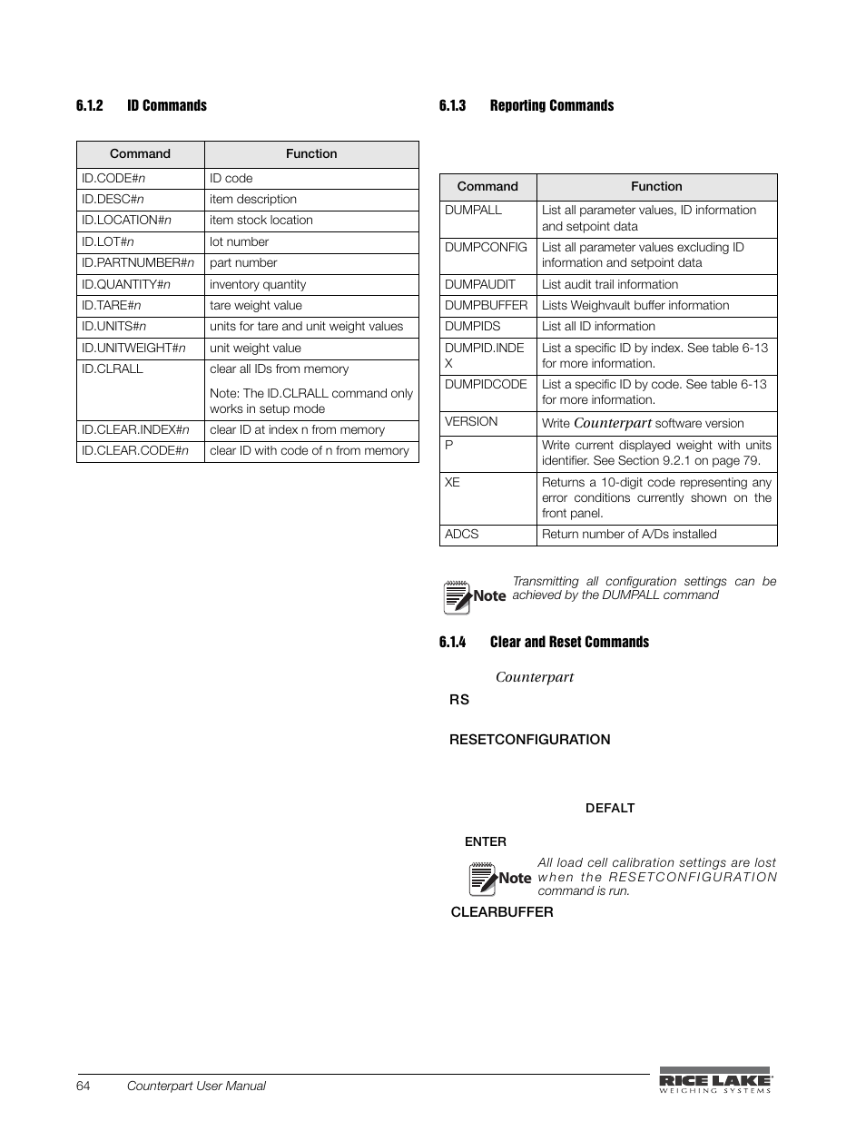 2 id commands, 3 reporting commands, 4 clear and reset commands | Id commands, Reporting commands, Clear and reset commands | Rice Lake Counterpart Configurable Counting Indicator - User Manual - Version 2.1 User Manual | Page 70 / 101