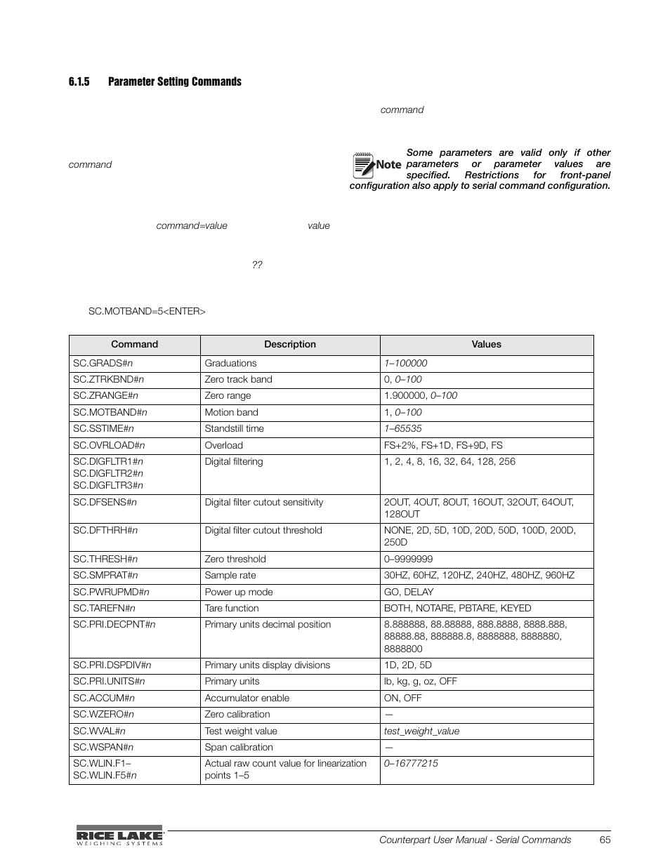 5 parameter setting commands, Parameter setting commands | Rice Lake Counterpart Configurable Counting Indicator - User Manual - Version 2.1 User Manual | Page 71 / 101