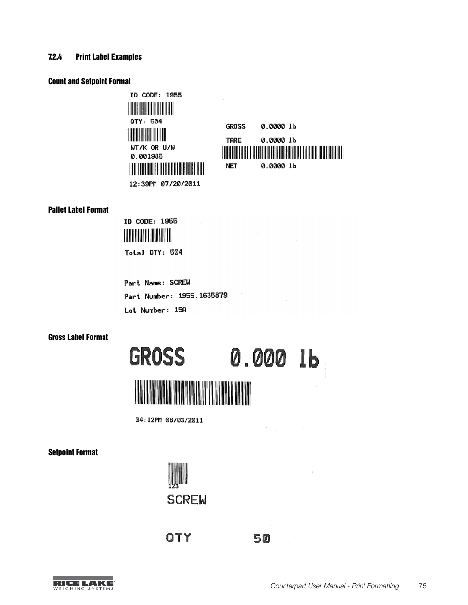 4 print label examples, Print label examples | Rice Lake Counterpart Configurable Counting Indicator - User Manual - Version 2.1 User Manual | Page 81 / 101