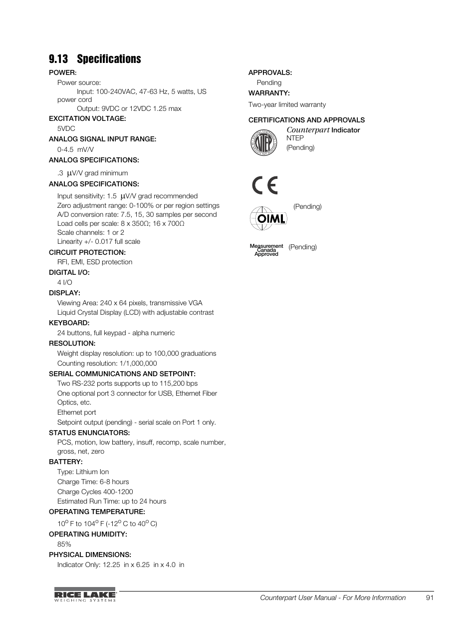 13 specifications, Counterpart | Rice Lake Counterpart Configurable Counting Indicator - User Manual - Version 2.1 User Manual | Page 97 / 101