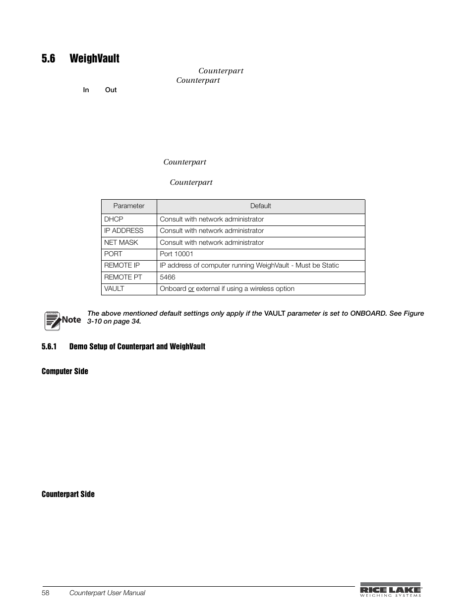 6 weighvault, 1 demo setup of counterpart and weighvault, Demo setup of counterpart and weighvault | Rice Lake Counterpart Configurable Counting Indicator - User Manual - Version 2.2 User Manual | Page 64 / 101