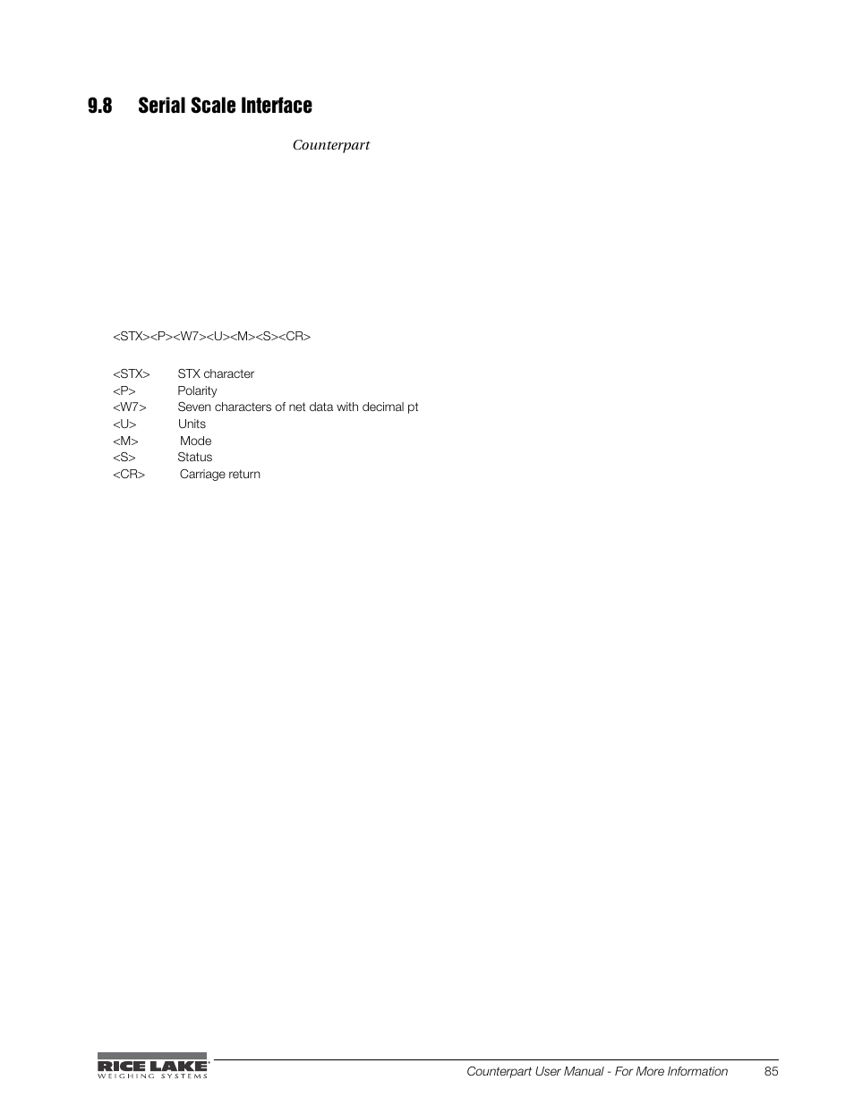 8 serial scale interface | Rice Lake Counterpart Configurable Counting Indicator - User Manual - Version 2.2 User Manual | Page 91 / 101
