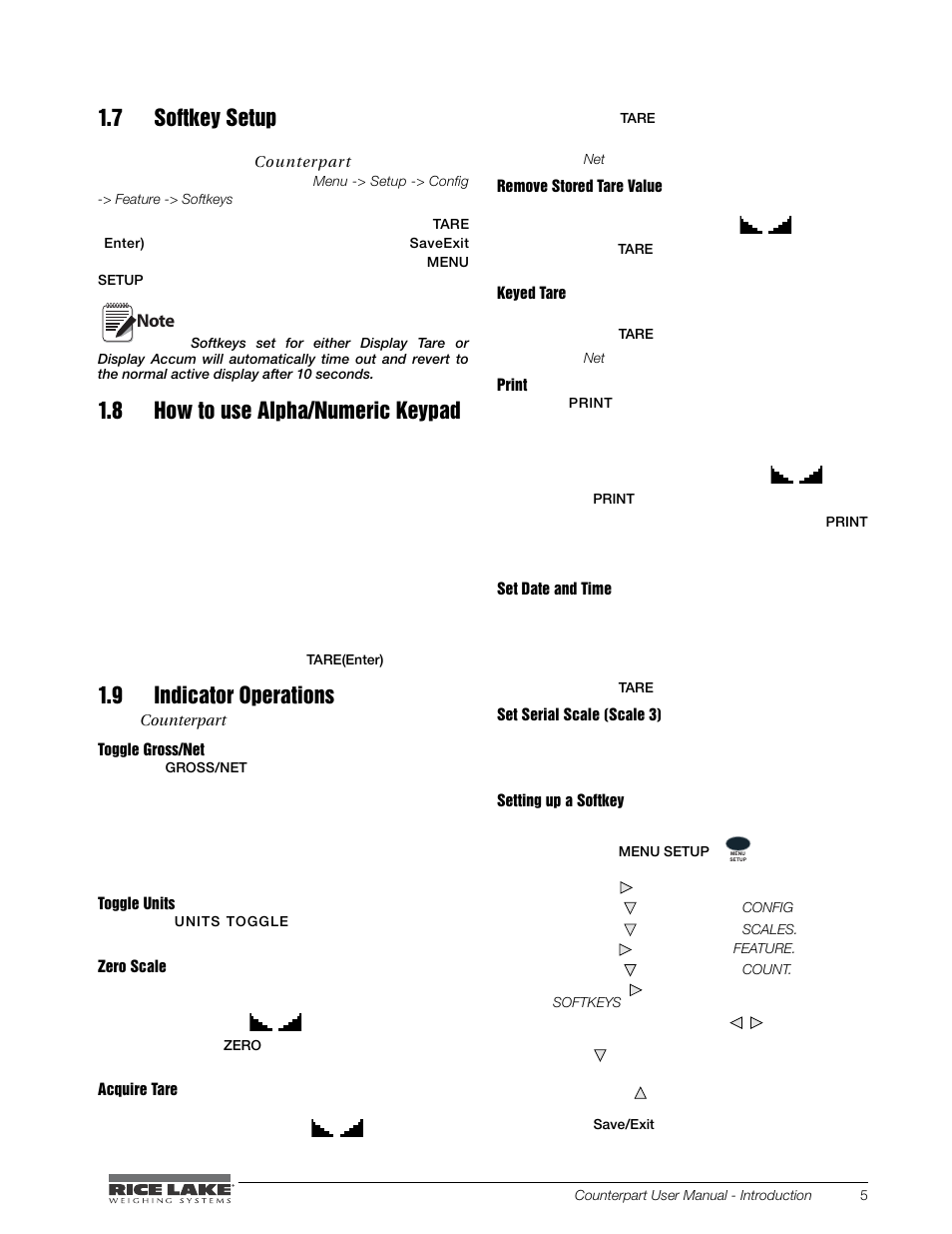 7 softkey setup, 8 how to use alpha/numeric keypad, 9 indicator operations | Rice Lake Counterpart Configurable Counting Indicator - User Manual - Version 2.3 User Manual | Page 11 / 99