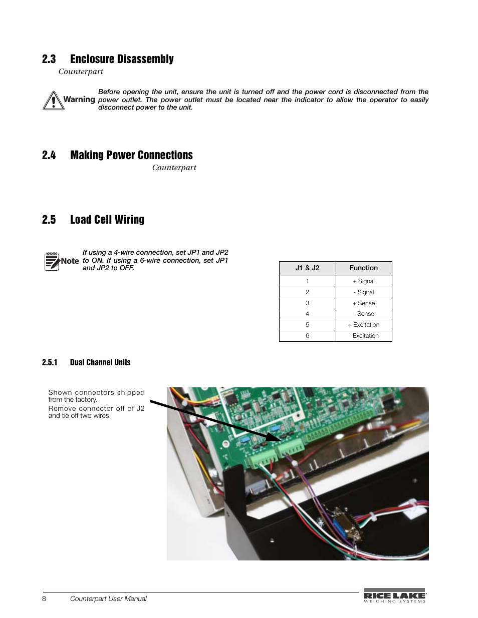 3 enclosure disassembly, 4 making power connections, 5 load cell wiring | 1 dual channel units, 4 making power connections 2.5 load cell wiring | Rice Lake Counterpart Configurable Counting Indicator - User Manual - Version 2.3 User Manual | Page 14 / 99