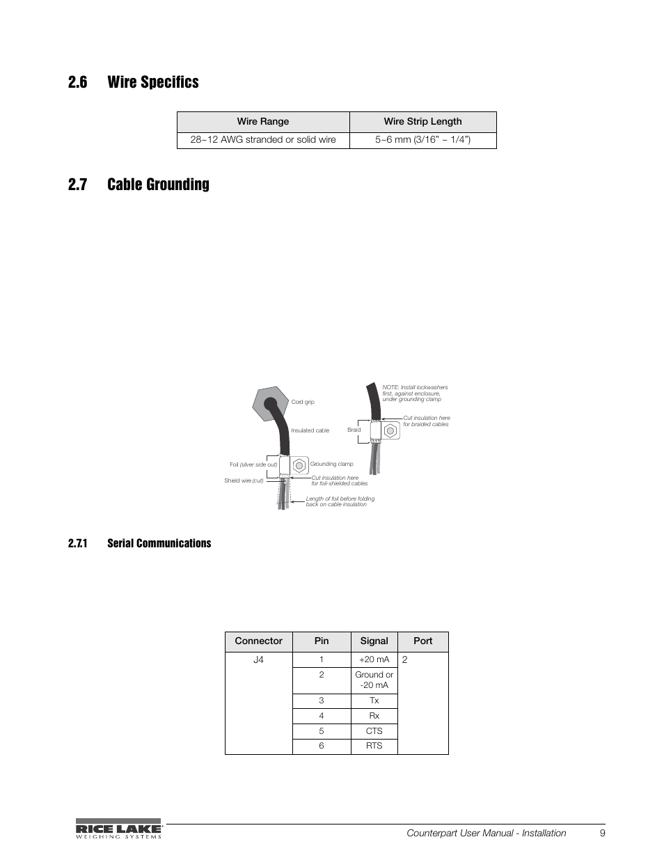 6 wire specifics, 7 cable grounding, 1 serial communications | Serial communications | Rice Lake Counterpart Configurable Counting Indicator - User Manual - Version 2.3 User Manual | Page 15 / 99