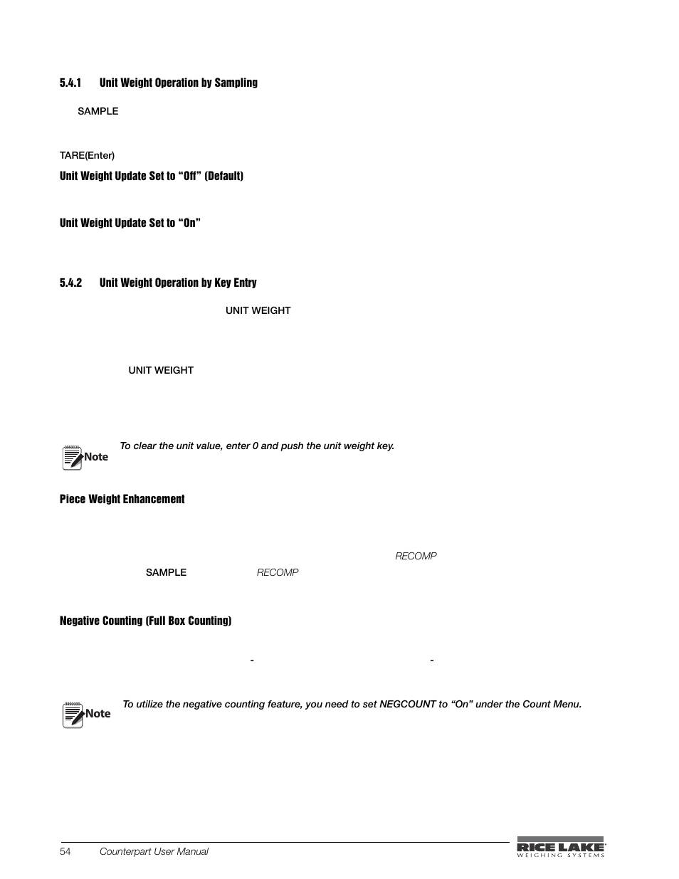 1 unit weight operation by sampling, 2 unit weight operation by key entry, Unit weight operation by sampling | Unit weight operation by key entry | Rice Lake Counterpart Configurable Counting Indicator - User Manual - Version 2.3 User Manual | Page 60 / 99