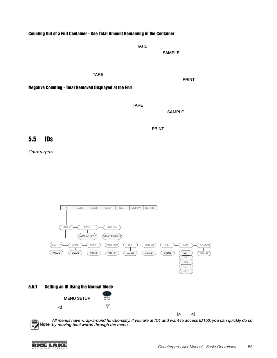 5 ids, 1 setting an id using the normal mode, Setting an id using the normal mode | Key after removing each batch of pieces, Press the | Rice Lake Counterpart Configurable Counting Indicator - User Manual - Version 2.3 User Manual | Page 61 / 99