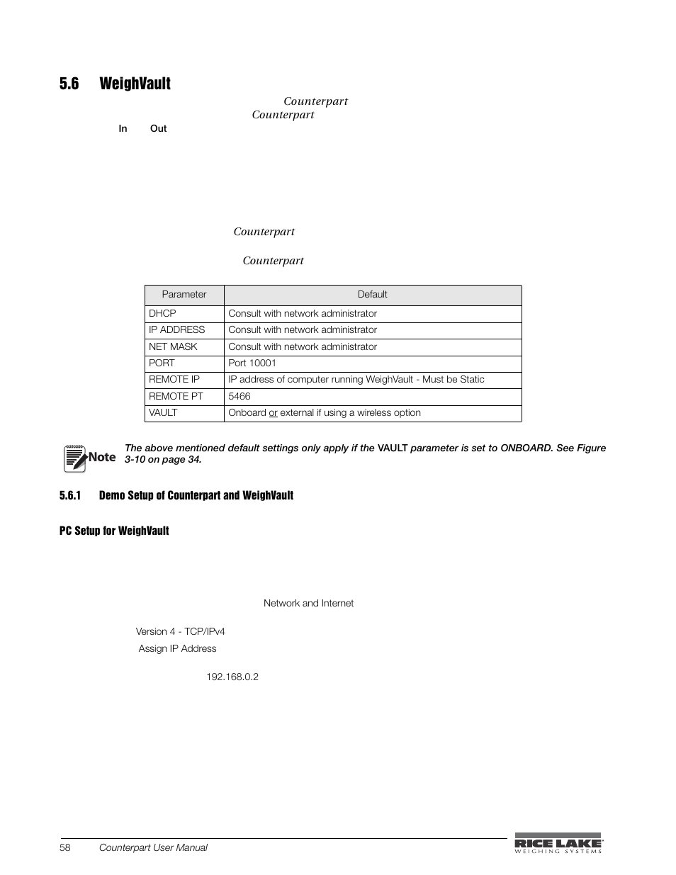 6 weighvault, 1 demo setup of counterpart and weighvault, Demo setup of counterpart and weighvault | Rice Lake Counterpart Configurable Counting Indicator - User Manual - Version 2.3 User Manual | Page 64 / 99