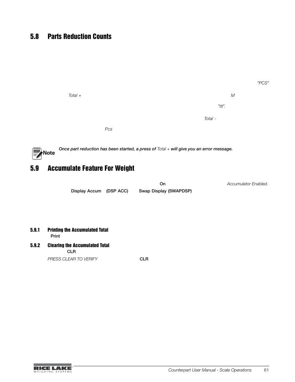 8 parts reduction counts, 9 accumulate feature for weight, 1 printing the accumulated total | 2 clearing the accumulated total, Printing the accumulated total, Clearing the accumulated total | Rice Lake Counterpart Configurable Counting Indicator - User Manual - Version 2.3 User Manual | Page 67 / 99
