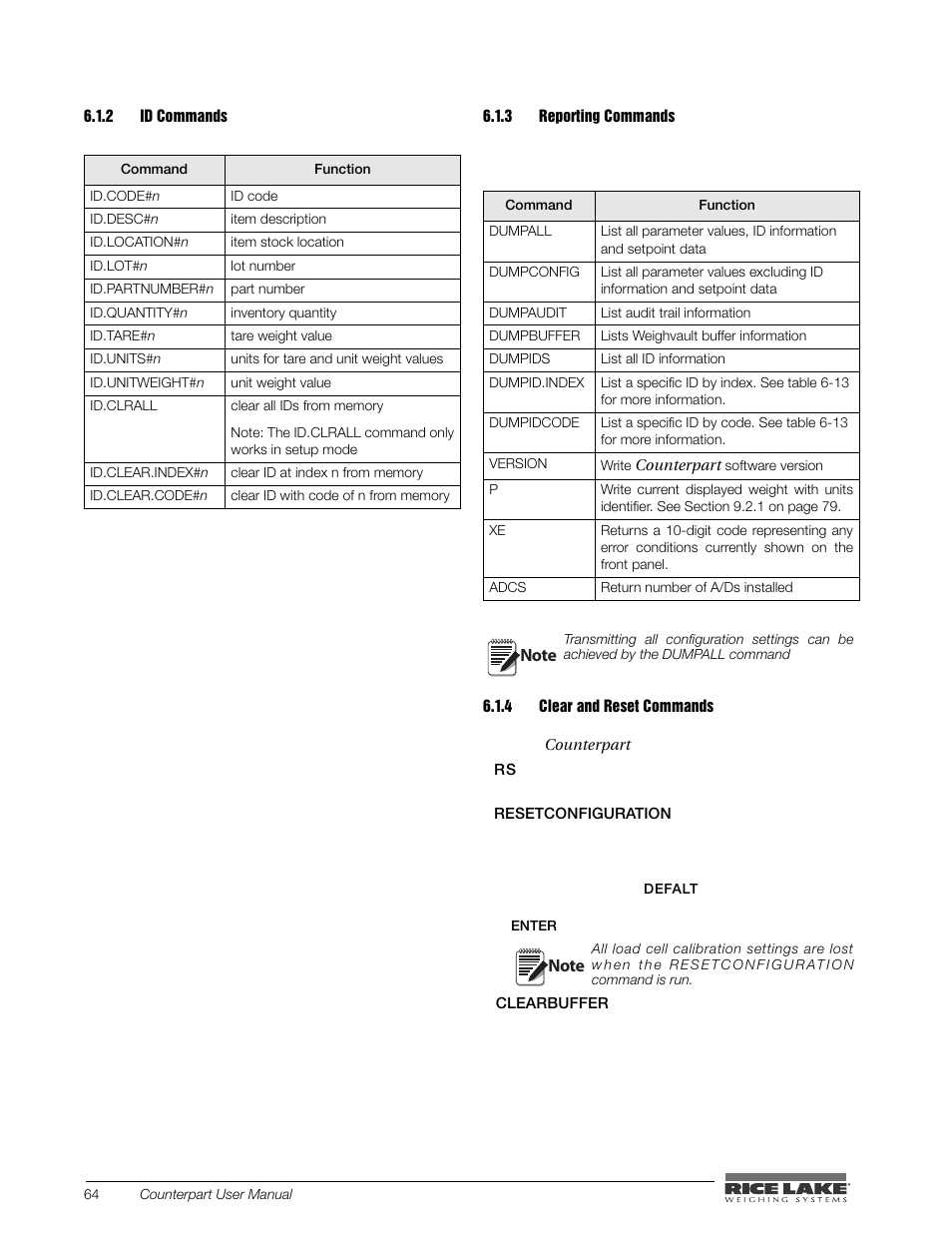 2 id commands, 3 reporting commands, 4 clear and reset commands | Id commands, Reporting commands, Clear and reset commands | Rice Lake Counterpart Configurable Counting Indicator - User Manual - Version 2.3 User Manual | Page 70 / 99