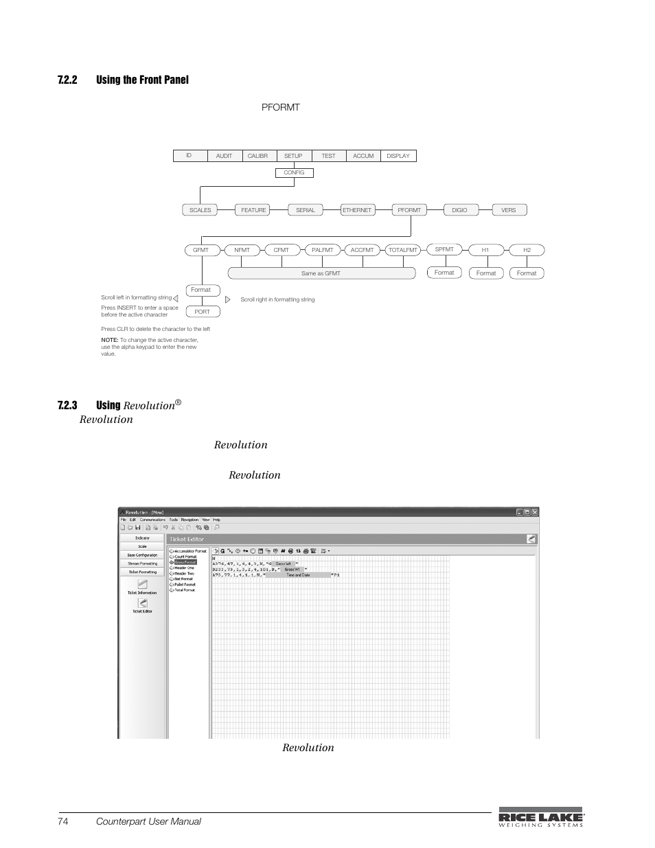 2 using the front panel, 3 using revolution, Using the front panel | Using, Revol, Print formatting grid, Revolution, Figure 7-2. revolution print format grid | Rice Lake Counterpart Configurable Counting Indicator - User Manual - Version 2.3 User Manual | Page 80 / 99