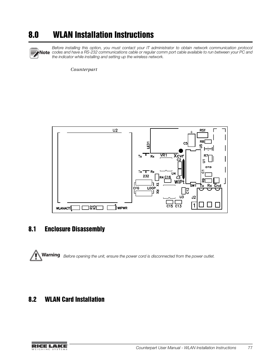 0 wlan installation instructions, 1 enclosure disassembly, 2 wlan card installation | Wlan installation instructions, 1 enclosure disassembly 8.2 wlan card installation | Rice Lake Counterpart Configurable Counting Indicator - User Manual - Version 2.3 User Manual | Page 83 / 99