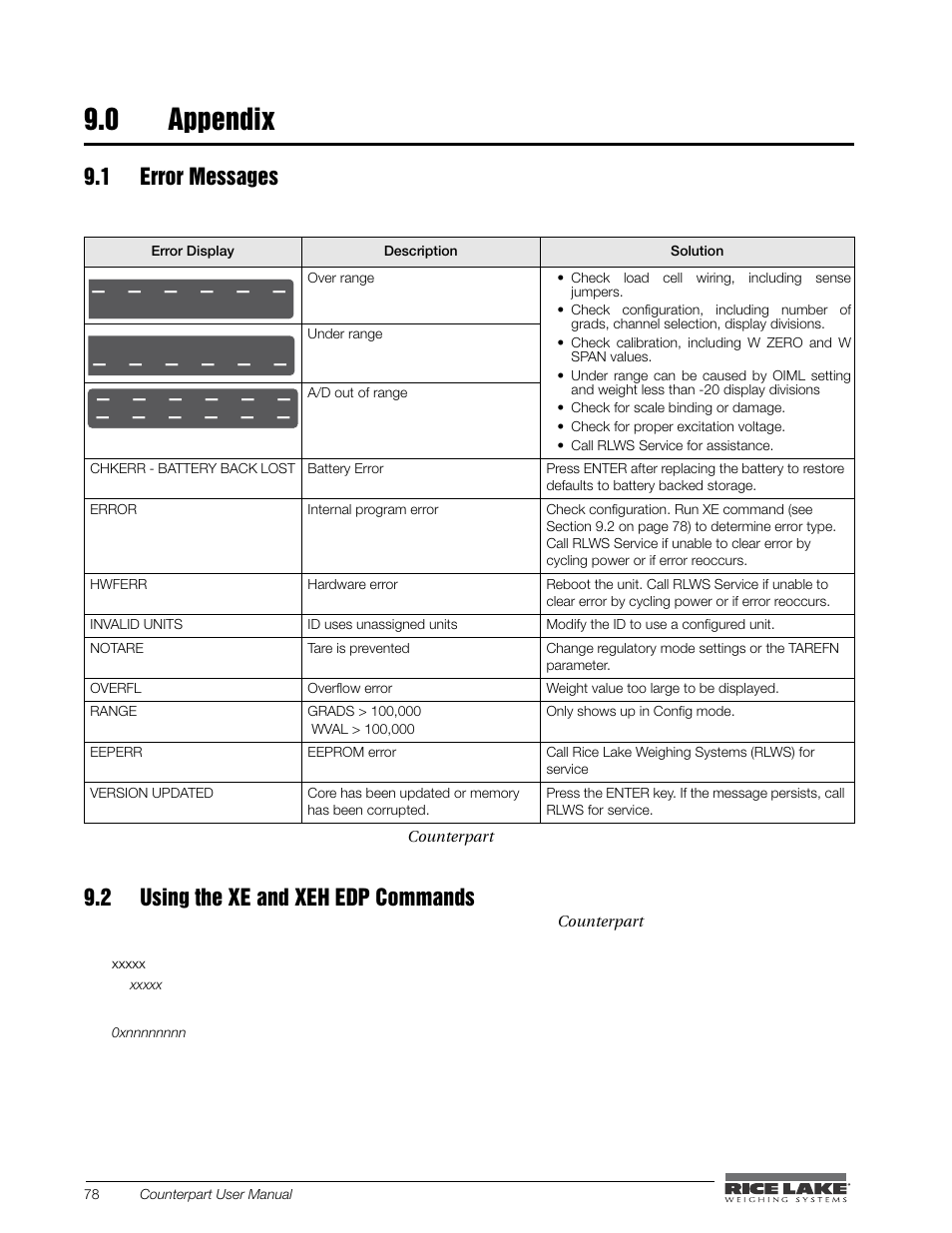 0 appendix, 1 error messages, 2 using the xe and xeh edp commands | Appendix, 1 error messages 9.2 using the xe edp command | Rice Lake Counterpart Configurable Counting Indicator - User Manual - Version 2.3 User Manual | Page 84 / 99