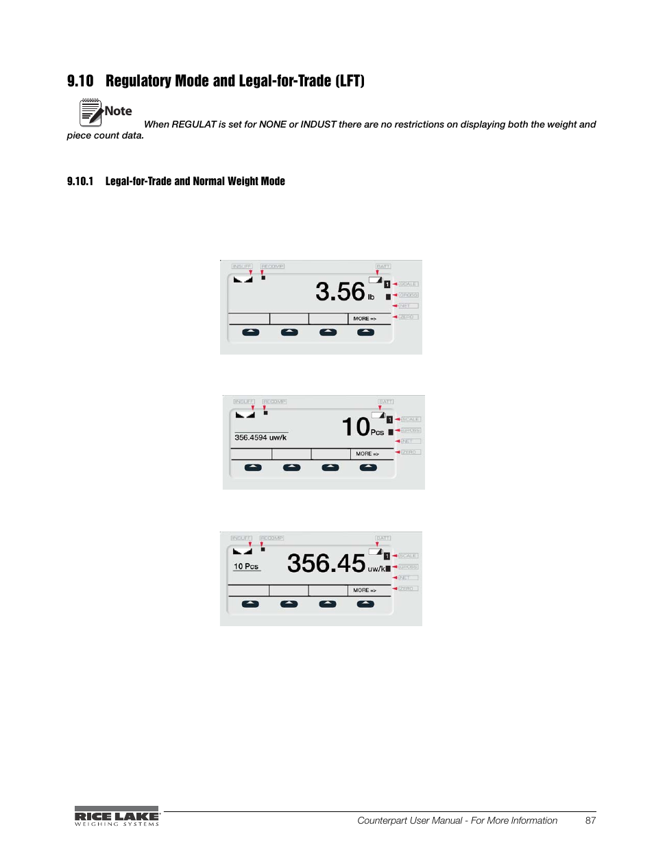 10 regulatory mode and legal-for-trade (lft), 1 legal-for-trade and normal weight mode, Legal-for-trade and normal weight mode | Rice Lake Counterpart Configurable Counting Indicator - User Manual - Version 2.3 User Manual | Page 93 / 99
