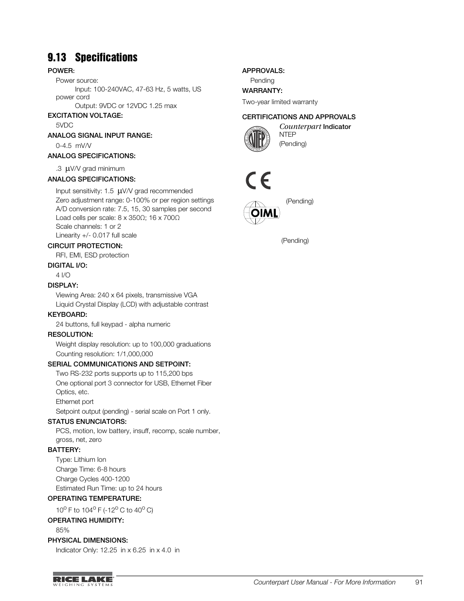 13 specifications, Counterpart | Rice Lake Counterpart Configurable Counting Indicator - User Manual - Version 2.3 User Manual | Page 97 / 99