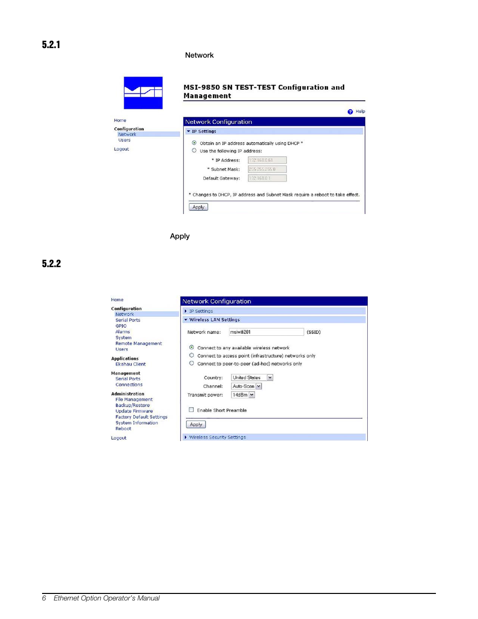 1 ip settings, 2 wireless settings, Ip settings | Wireless settings | Rice Lake MSI Crane Scales - Ethernet Option User Manual | Page 10 / 20
