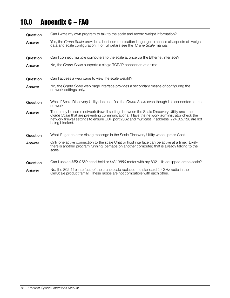 0 appendix c – faq, Appendix c – faq | Rice Lake MSI Crane Scales - Ethernet Option User Manual | Page 16 / 20