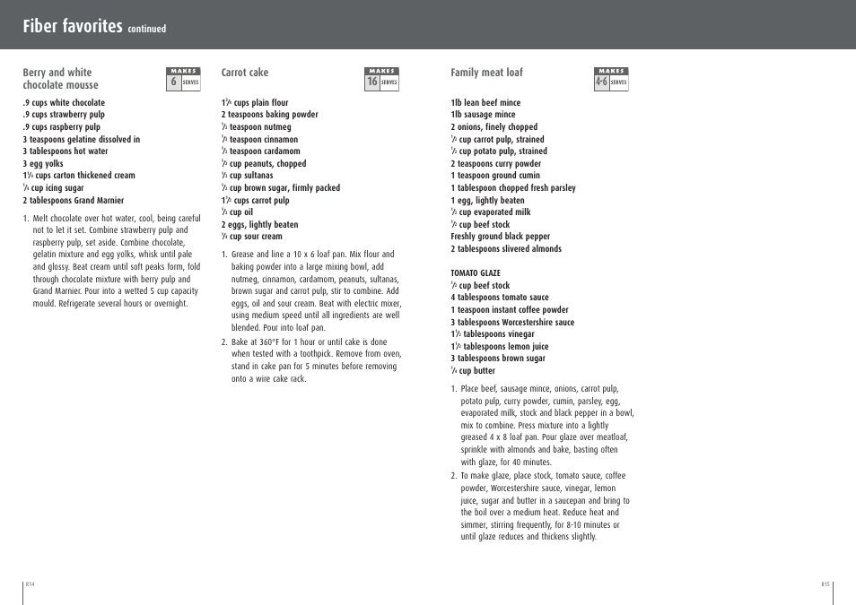 Fiber favorites, Family meat loaf, Berry and white chocolate mousse | Carrot cake | Breville BJE200XL User Manual | Page 18 / 54