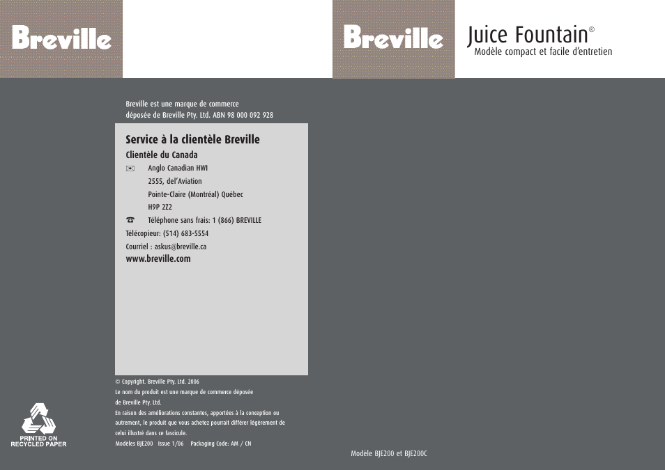 Juice fountain, Service à la clientèle breville | Breville BJE200XL User Manual | Page 19 / 54