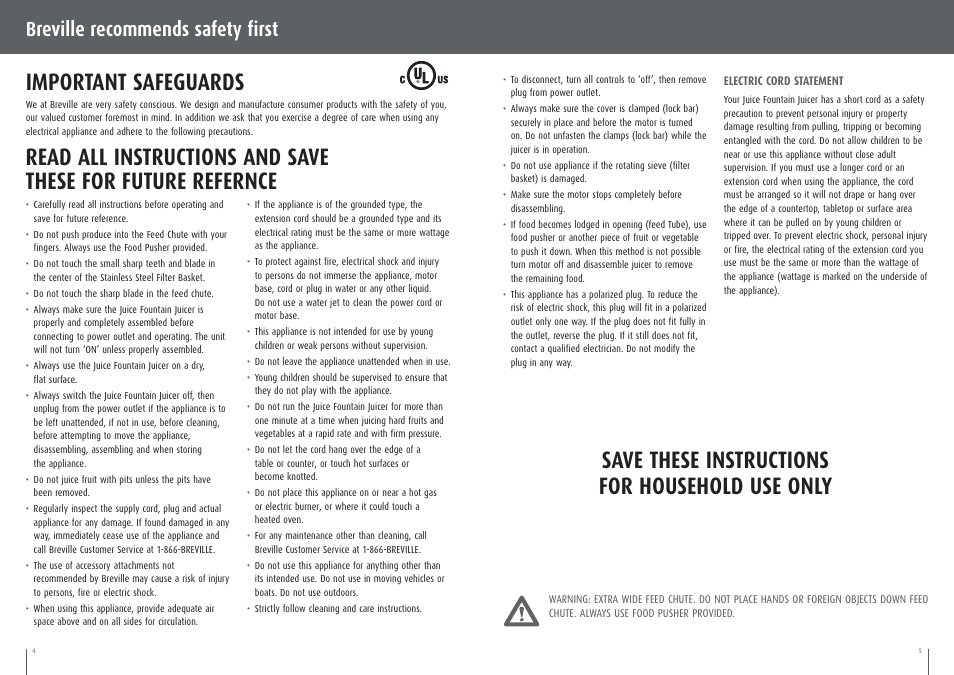 Important safeguards, Save these instructions for household use only, Breville recommends safety first | Breville BJE200XL User Manual | Page 3 / 54