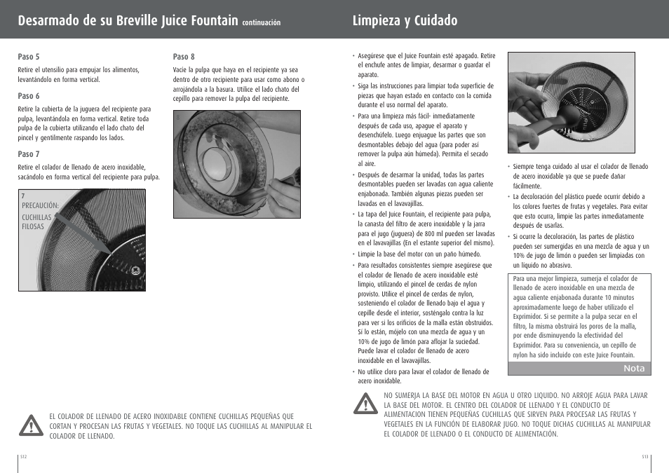 Limpieza y cuidado, Desarmado de su breville juice fountain | Breville BJE200XL User Manual | Page 43 / 54