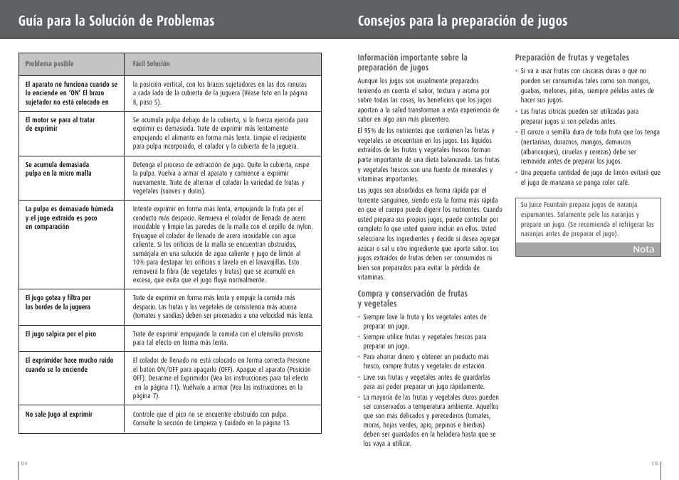 Consejos para la preparación de jugos, Guía para la solución de problemas | Breville BJE200XL User Manual | Page 44 / 54