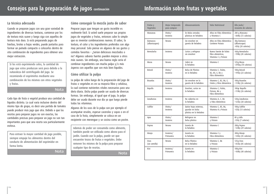 Información sobre frutas y vegetales, Consejos para la preparación de jugos, La técnica adecuada | Nota, Nota cómo conseguir la mezcla justa de sabor, Cómo utilizar la pulpa, Continuación | Breville BJE200XL User Manual | Page 45 / 54