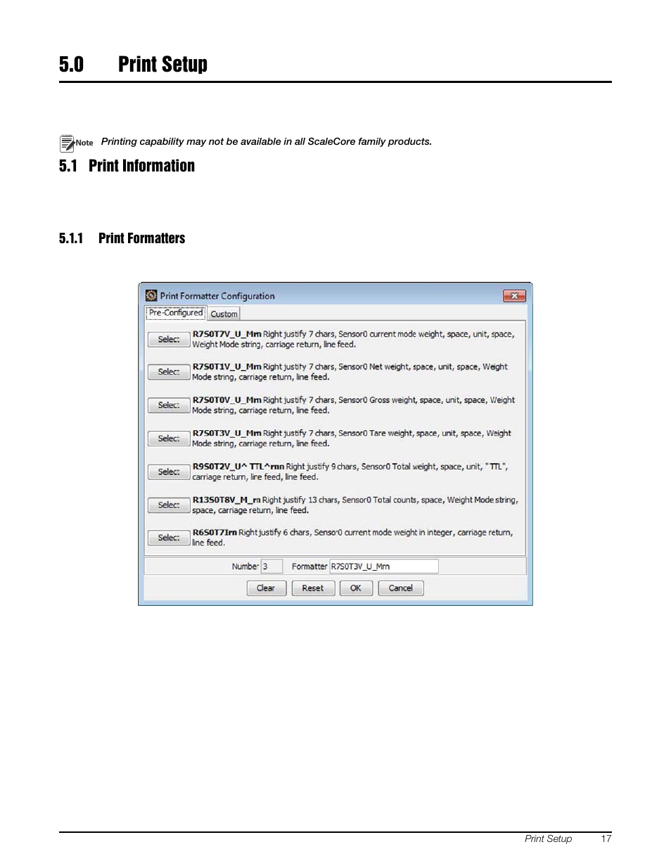 0 print setup, 1 print information, 1 print formatters | Print setup, Print formatters | Rice Lake MSI-8000 RF Remote Display - ScaleCore Configuration Management Program (ScCMP) User Manual | Page 21 / 44