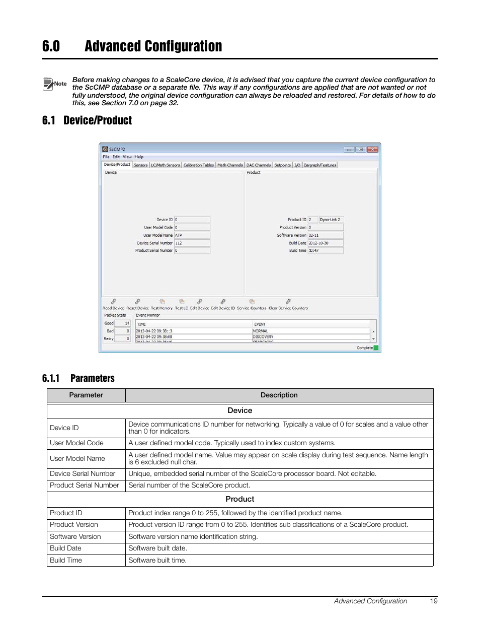 0 advanced configuration, 1 device/product, 1 parameters | Advanced configuration, Parameters | Rice Lake MSI-8000 RF Remote Display - ScaleCore Configuration Management Program (ScCMP) User Manual | Page 23 / 44