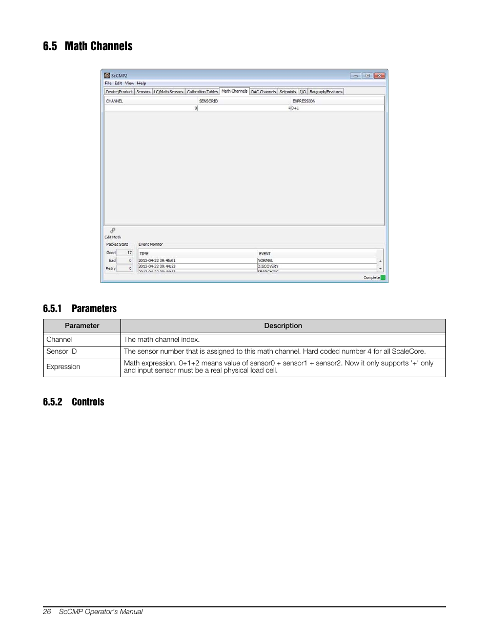 5 math channels, 1 parameters, 2 controls | Parameters, Controls | Rice Lake MSI-8000 RF Remote Display - ScaleCore Configuration Management Program (ScCMP) User Manual | Page 30 / 44