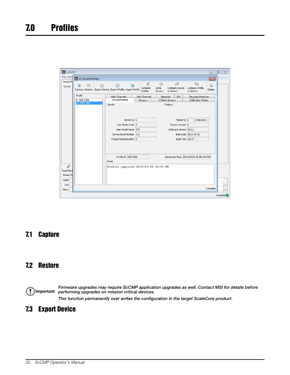 0 profiles, 1 capture, 2 restore | 3 export device, Profiles, 1 capture 7.2 restore 7.3 export device | Rice Lake MSI-8000 RF Remote Display - ScaleCore Configuration Management Program (ScCMP) User Manual | Page 36 / 44