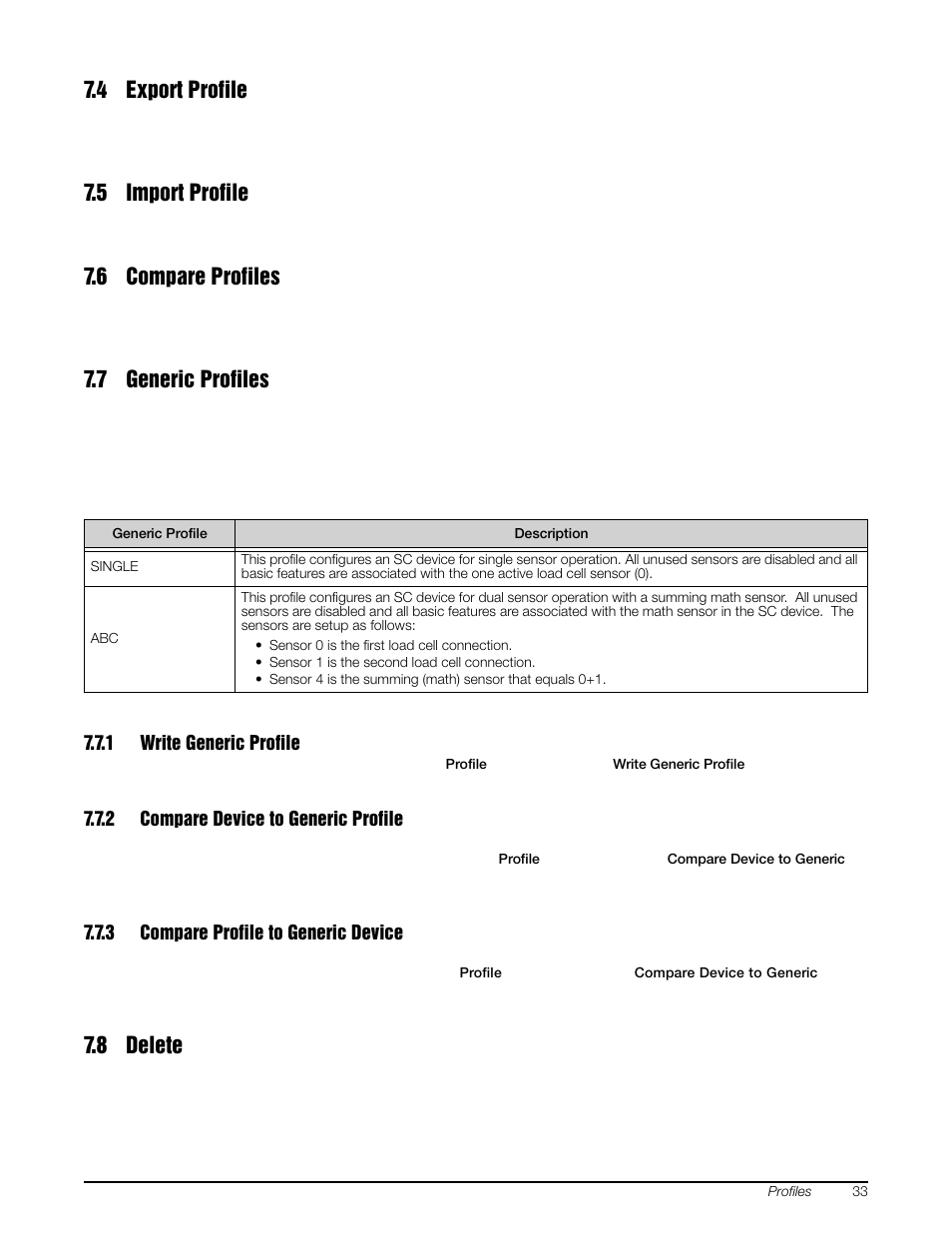 4 export profile, 5 import profile, 6 compare profiles | 7 generic profiles, 1 write generic profile, 2 compare device to generic profile, 3 compare profile to generic device, 8 delete, Write generic profile, Compare device to generic profile | Rice Lake MSI-8000 RF Remote Display - ScaleCore Configuration Management Program (ScCMP) User Manual | Page 37 / 44