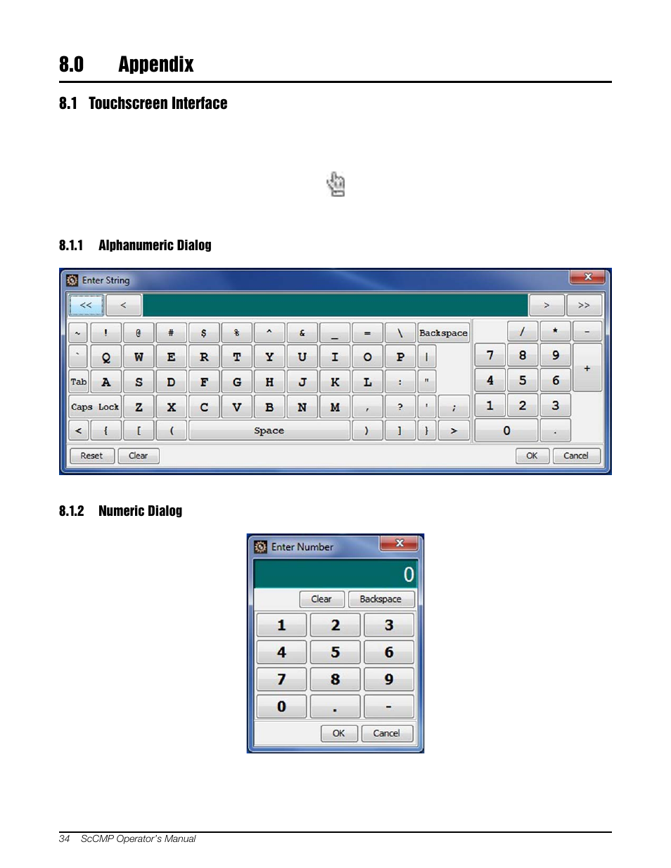 0 appendix, 1 touchscreen interface, 1 alphanumeric dialog | 2 numeric dialog, Appendix, Alphanumeric dialog, Numeric dialog | Rice Lake MSI-8000 RF Remote Display - ScaleCore Configuration Management Program (ScCMP) User Manual | Page 38 / 44