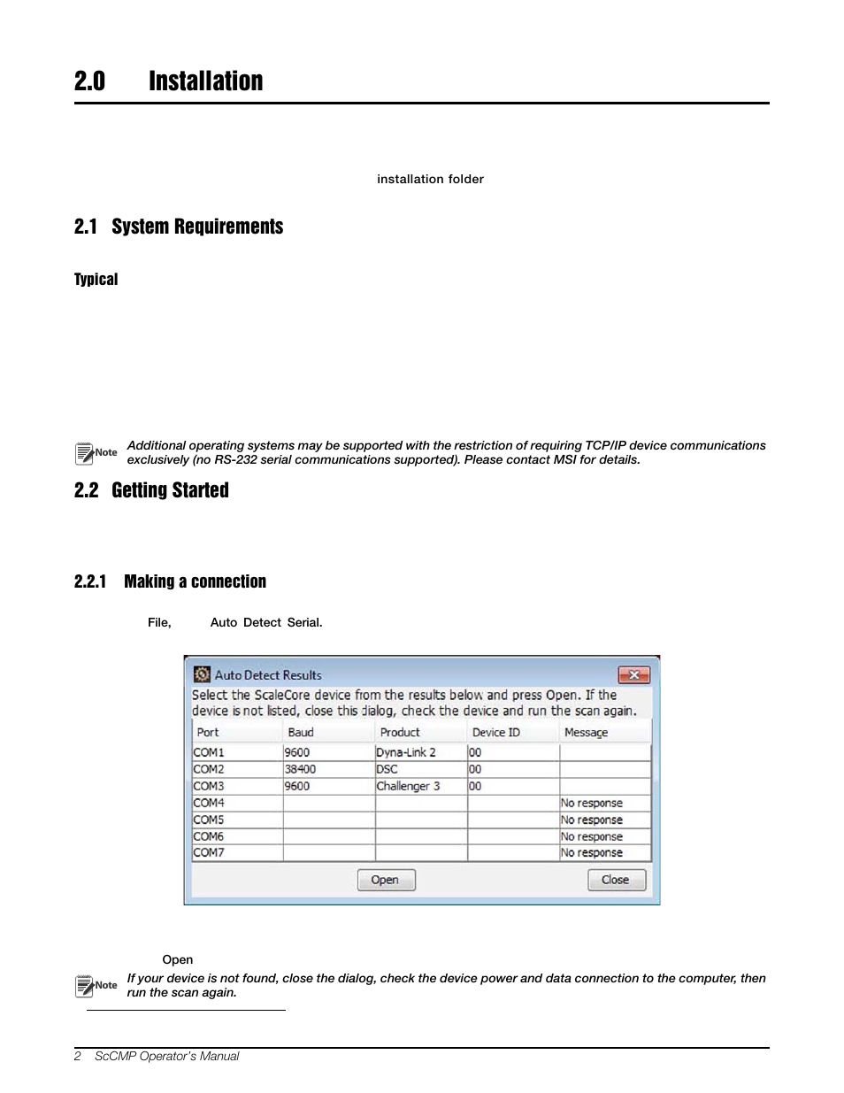 0 installation, 1 system requirements, 2 getting started | 1 making a connection, Installation, 1 system requirements 2.2 getting started, Making a connection | Rice Lake MSI-8000 RF Remote Display - ScaleCore Configuration Management Program (ScCMP) User Manual | Page 6 / 44