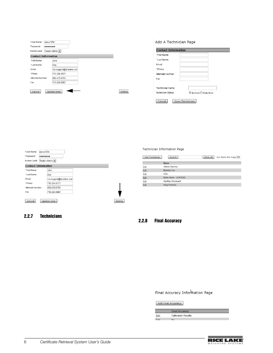 7 technicians, 8 final accuracy, Technicians | Final accuracy | Rice Lake CRS-Certificate Retrieval System User Manual | Page 10 / 36