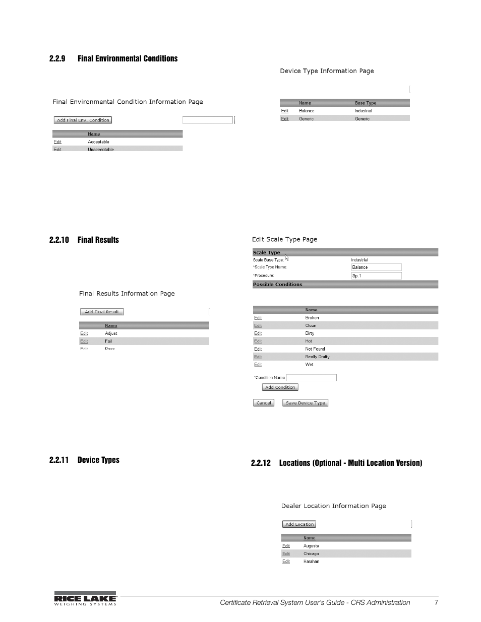 9 final environmental conditions, 10 final results, 11 device types | 12 locations (optional - multi location version), Final environmental conditions, Final results, Device types, Locations (optional - multi location version) | Rice Lake CRS-Certificate Retrieval System User Manual | Page 11 / 36