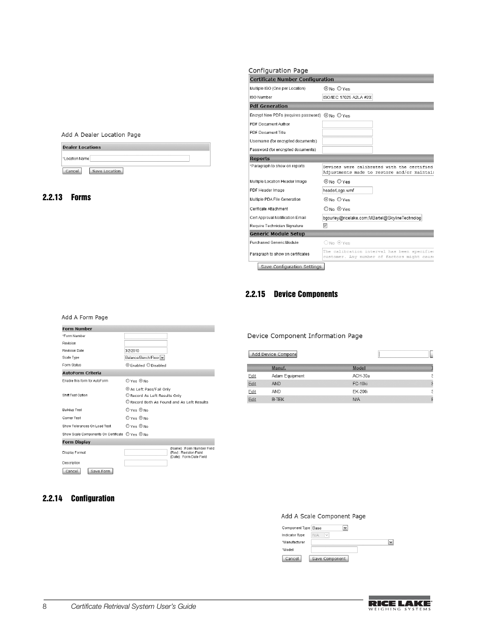 13 forms, 14 configuration, 15 device components | Forms, Configuration, Device components | Rice Lake CRS-Certificate Retrieval System User Manual | Page 12 / 36