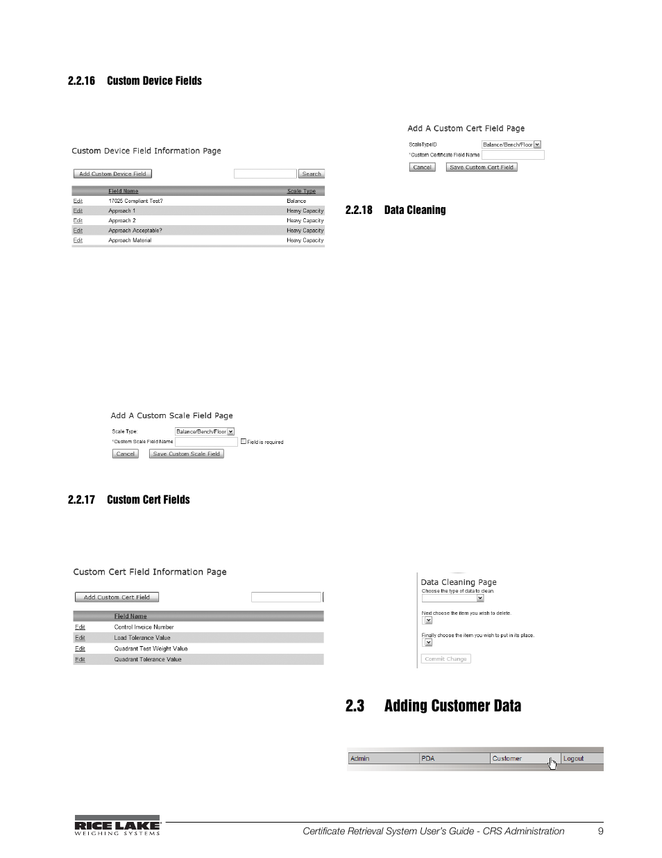 16 custom device fields, 17 custom cert fields, 18 data cleaning | 3 adding customer data, Custom device fields, Custom cert fields, Data cleaning | Rice Lake CRS-Certificate Retrieval System User Manual | Page 13 / 36