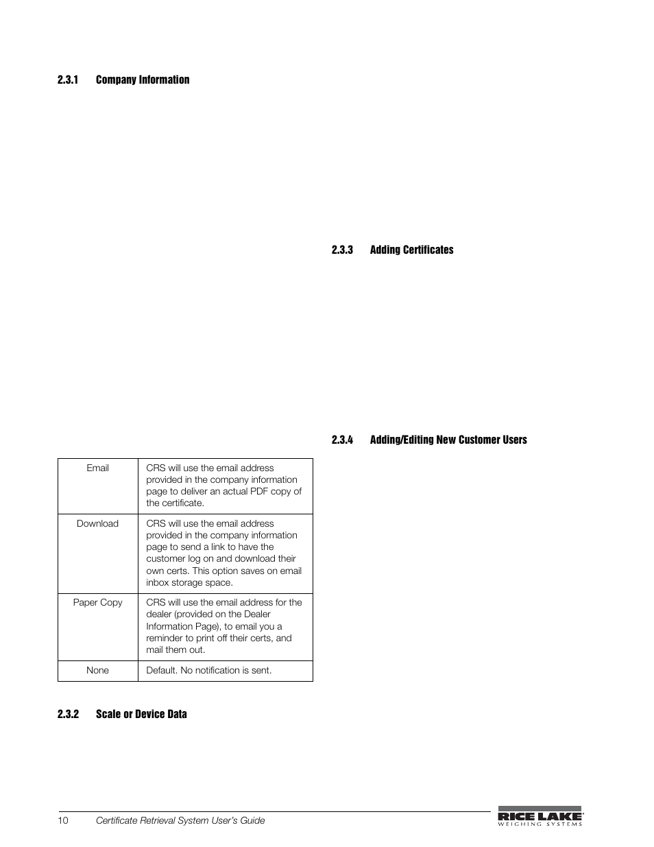 1 company information, 2 scale or device data, 3 adding certificates | 4 adding/editing new customer users, Company information, Scale or device data, Adding certificates, Adding/editing new customer users | Rice Lake CRS-Certificate Retrieval System User Manual | Page 14 / 36