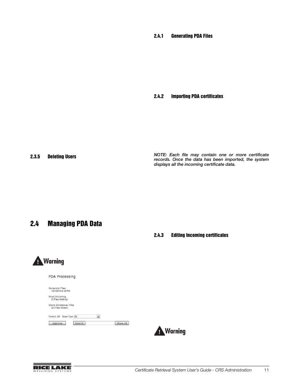 5 deleting users, 4 managing pda data, 1 generating pda files | 2 importing pda certificates, 3 editing incoming certificates, Deleting users, Generating pda files, Importing pda certificates, Editing incoming certificates, W arning | Rice Lake CRS-Certificate Retrieval System User Manual | Page 15 / 36